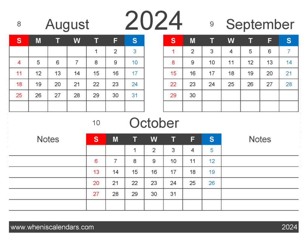 Download 3 month Calendar August September October 2024 ASO421