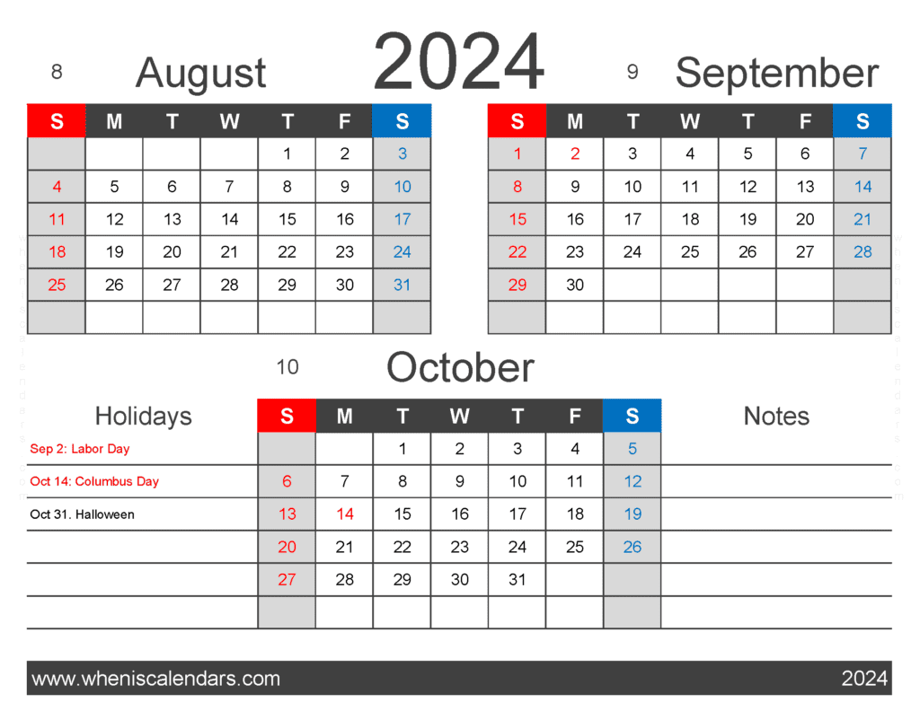 Download free August September October 2024 Calendar printable