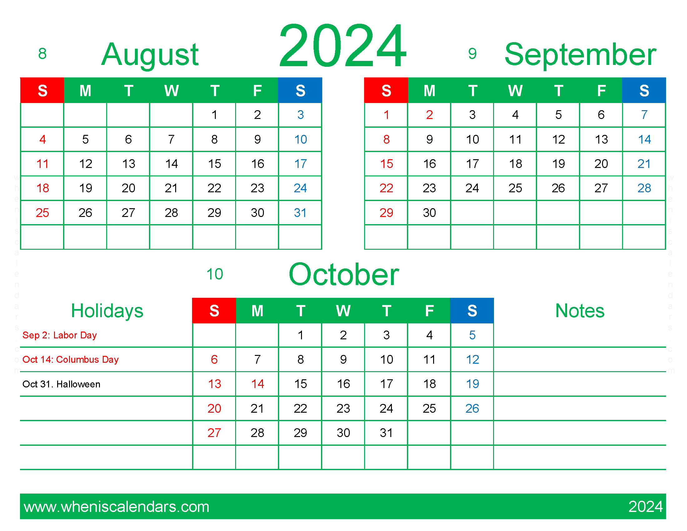 Download 2024 August September October Calendar free ASO409