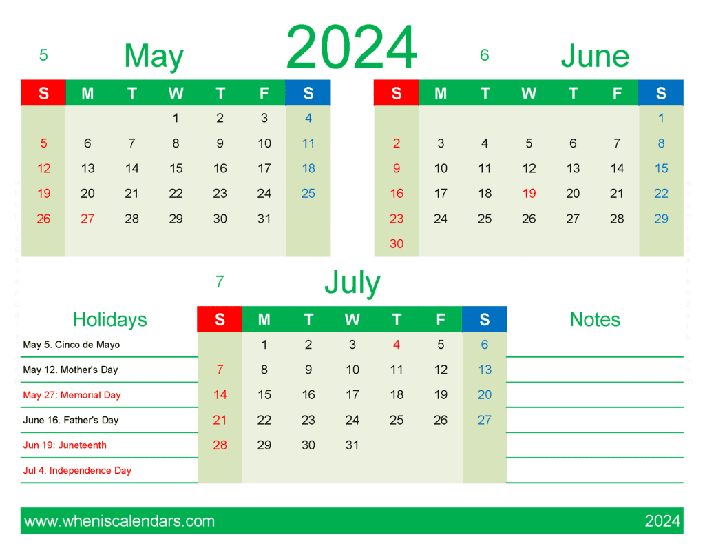 Download free May June July 2024 Calendar printable