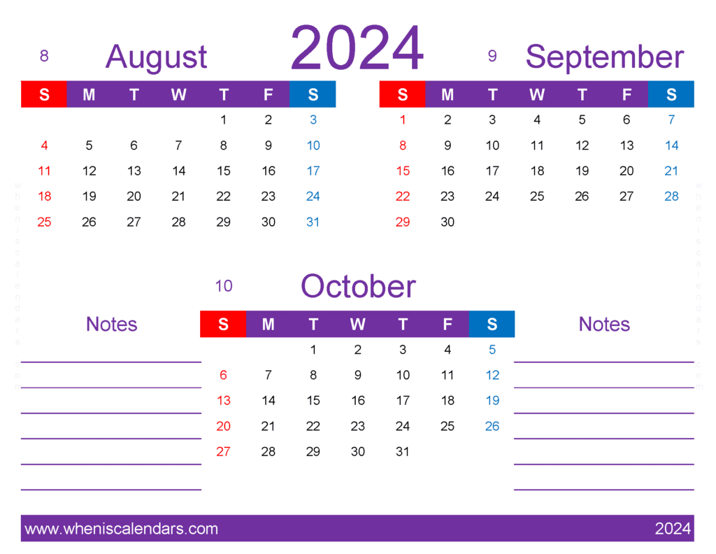 Download Aug Sept Oct 2024 Calendar printable ASO435