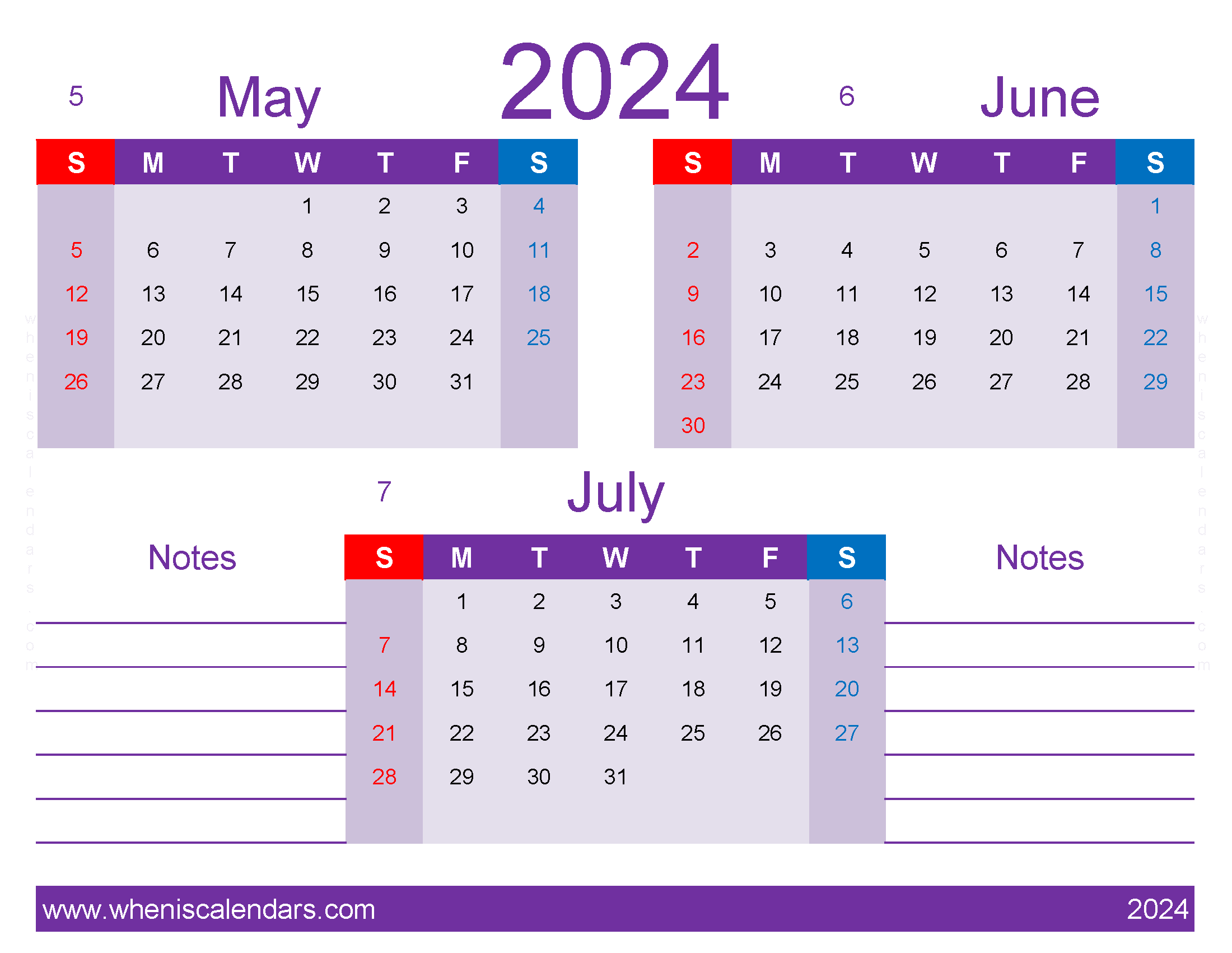 Download Calendar May to July 2024 free MJJ436