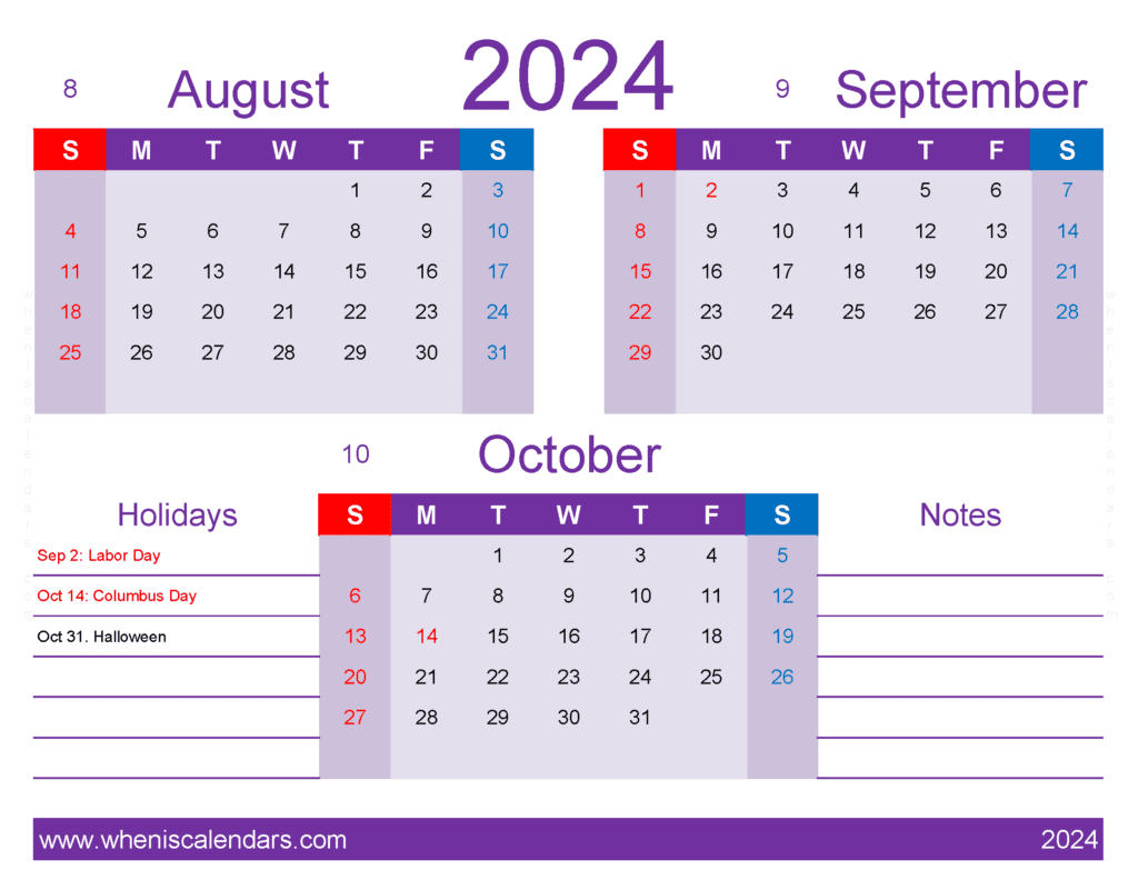 Download free printable Calendar August September October 2024 ASO416