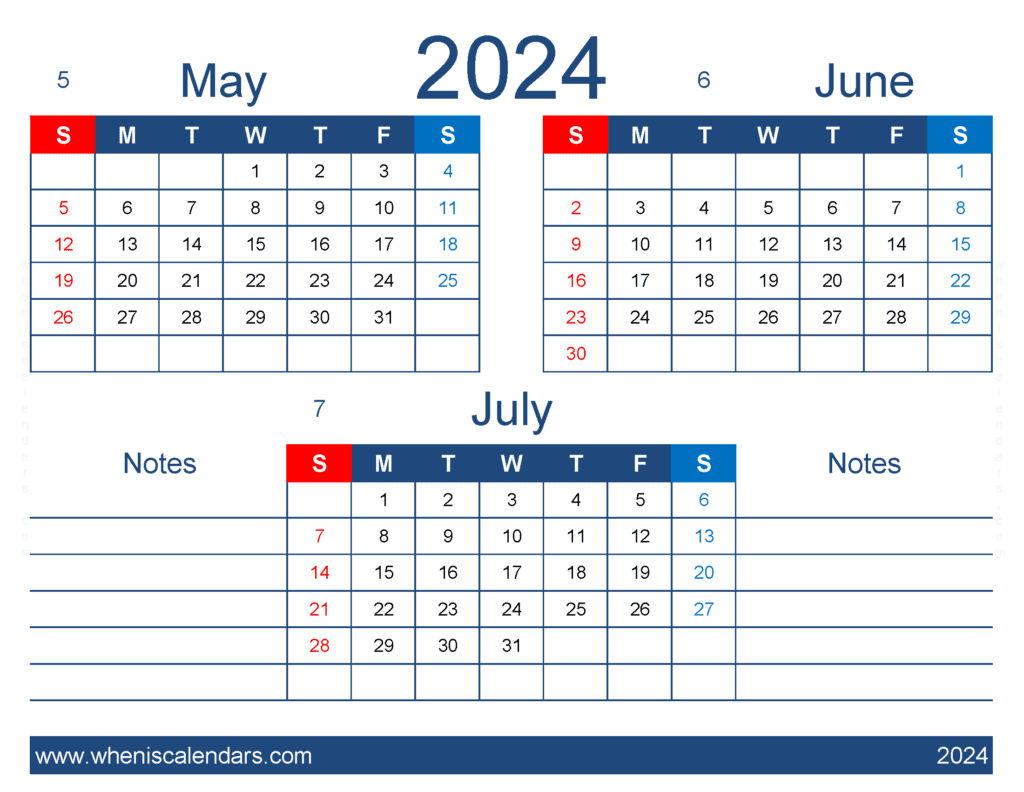 Download May June and July 2024 Calendar free MJJ437