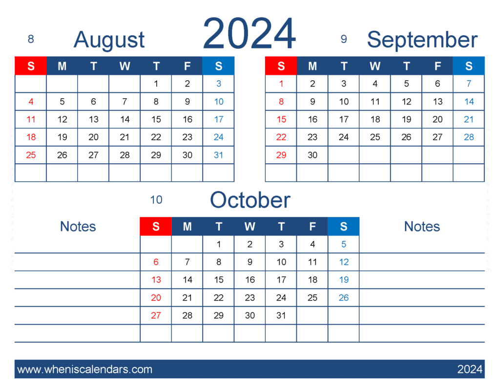 Download August September and October 2024 Calendar free ASO437