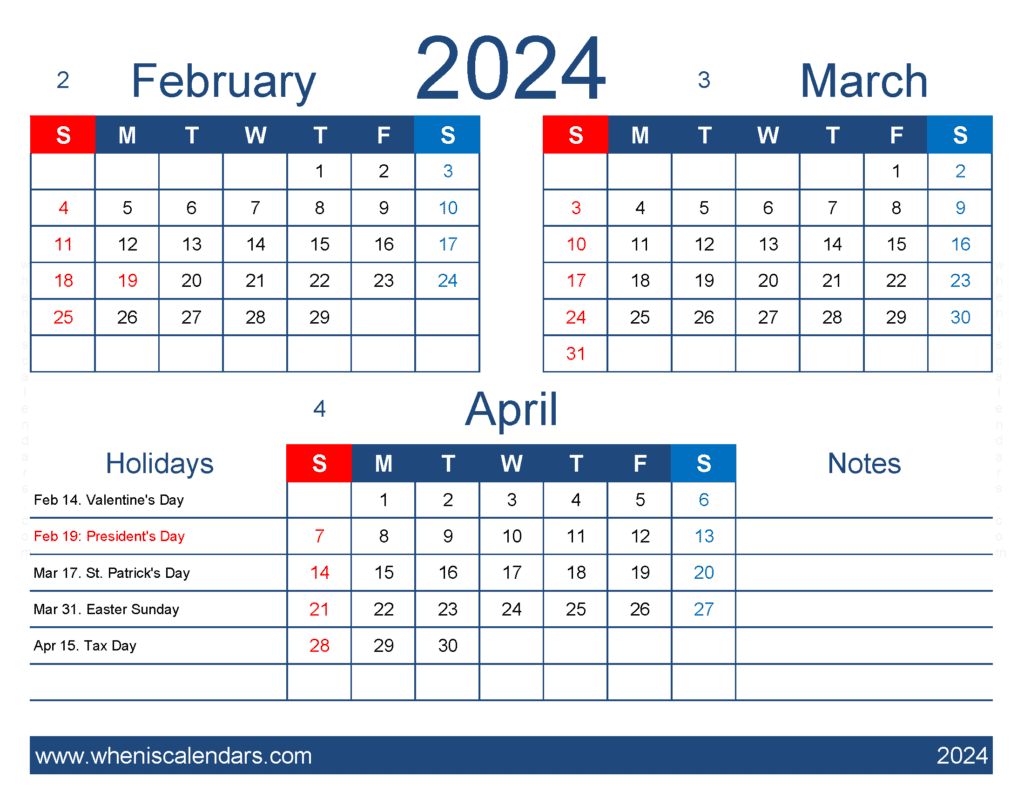 Download free February March April 2024 Calendar printable