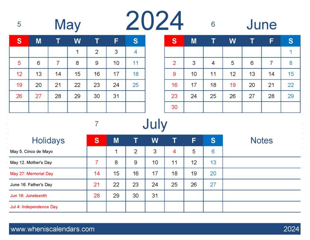 Download printable Calendar May June July 2024 MJJ417