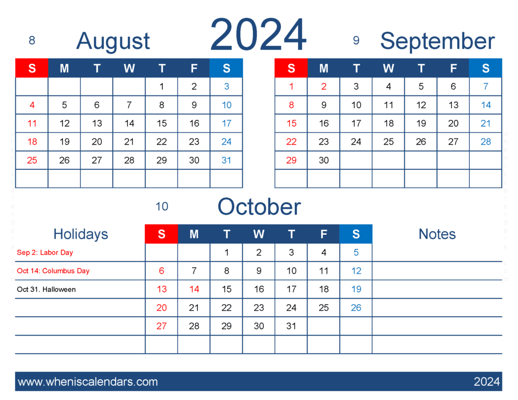Download printable Calendar August September October 2024 ASO417