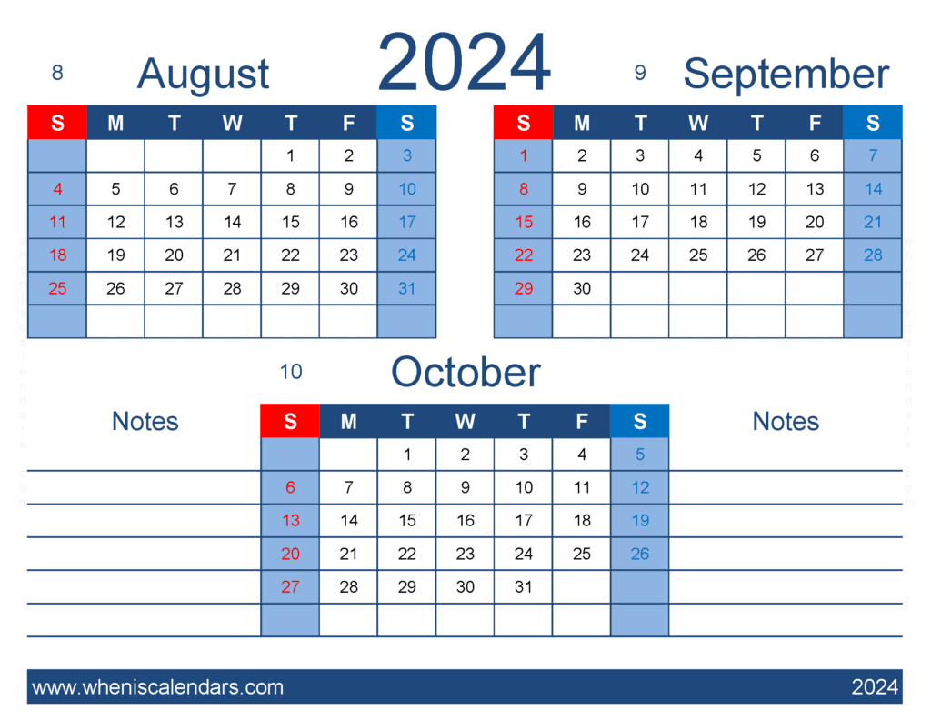 Download printable Calendar August September October 2024 ASO438