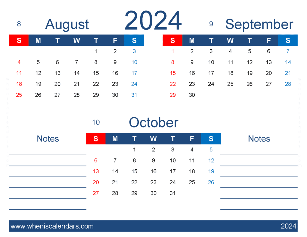 Download free Calendar August September October 2024 ASO439