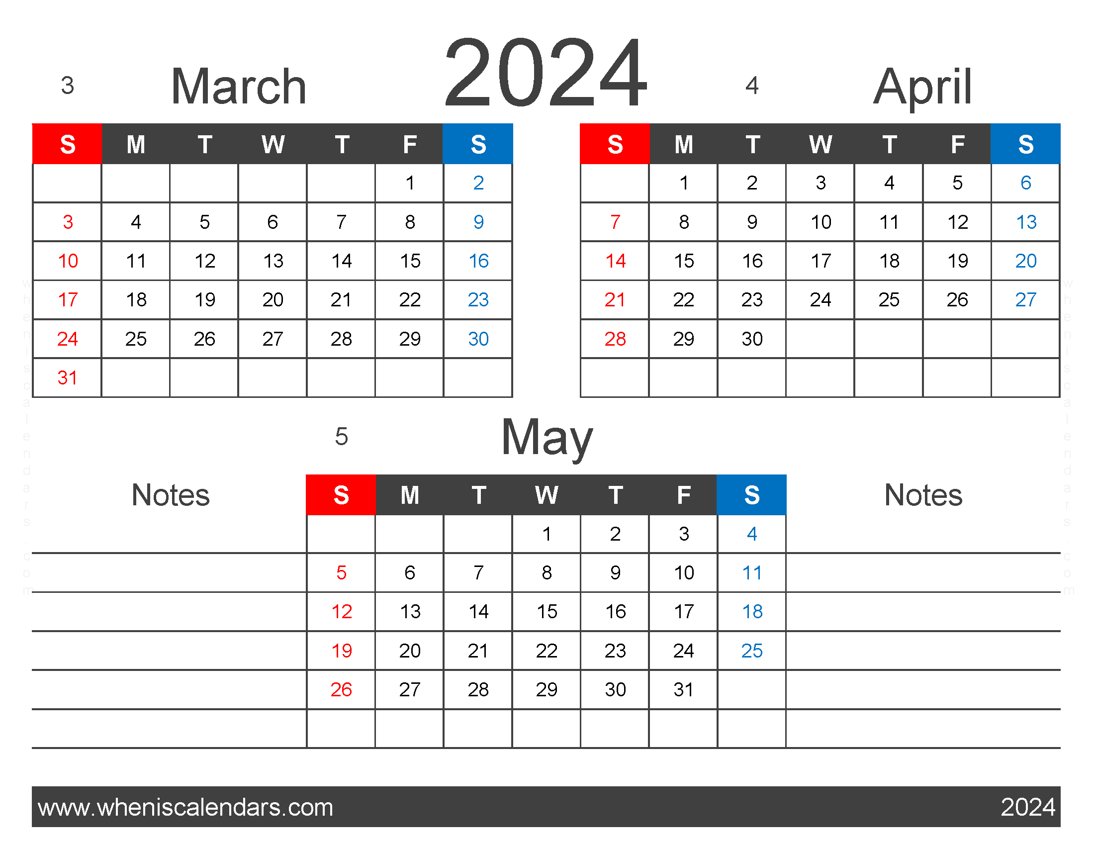 Download 3 month calendar March April May 2024 MAM421