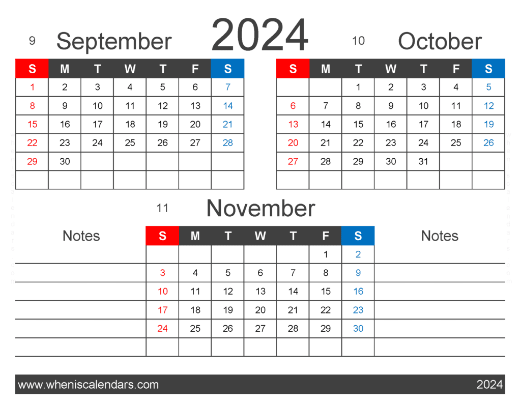 Download 3 month Calendar September October November 2024 SON421