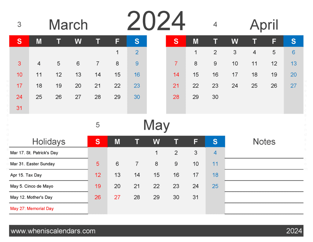 Download March April and May 2024 calendar MAM404