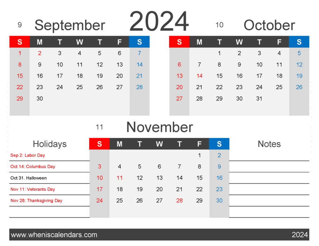 Download September October and November 2024 Calendar SON404