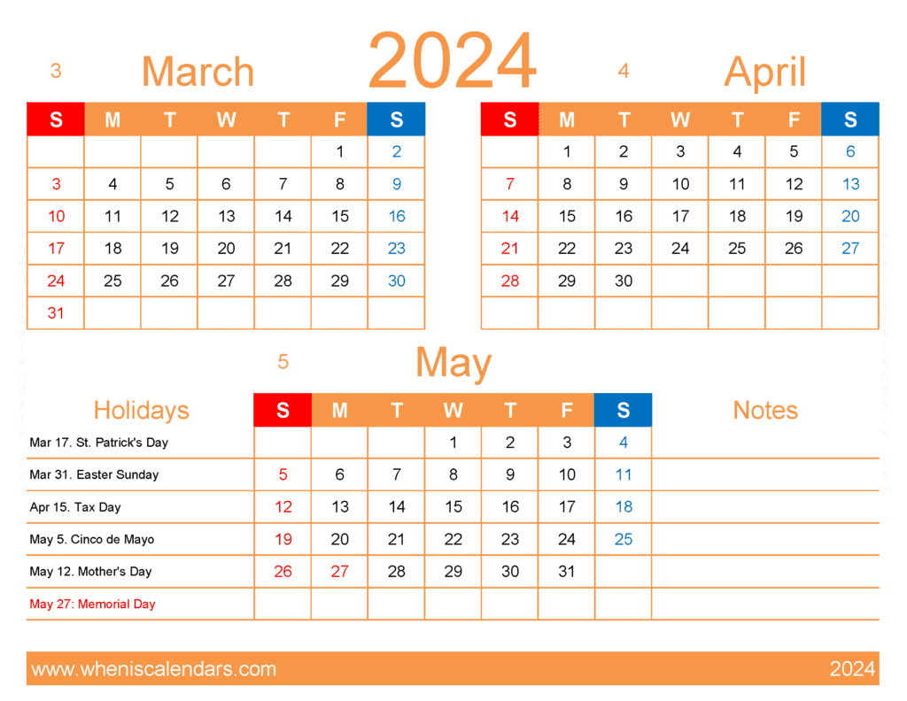 Download 2024 March April May calendar MAM405
