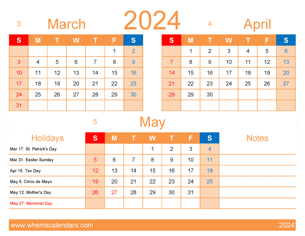 Download March to May 2024 calendar MAM406
