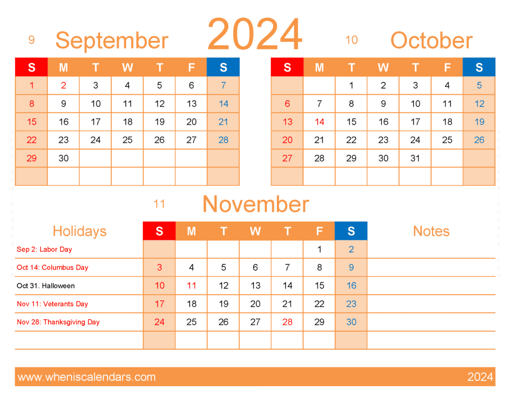 Download September to November 2024 Calendar SON406