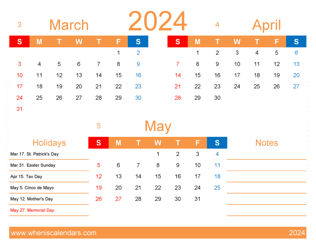 Download Mar Apr May 2024 calendar MAM407