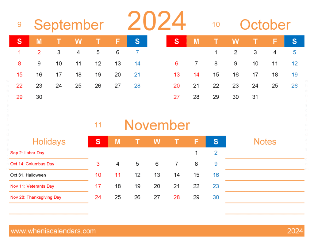 Download Sept Oct November 2024 Calendar SON407