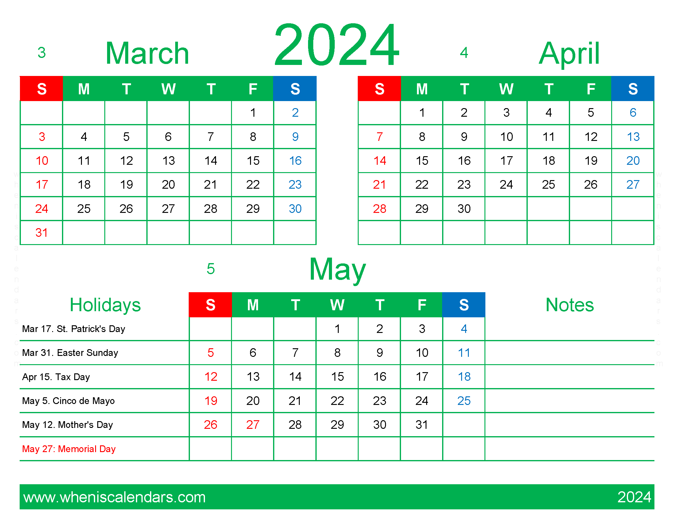 Download 2024 March April May calendar free MAM409
