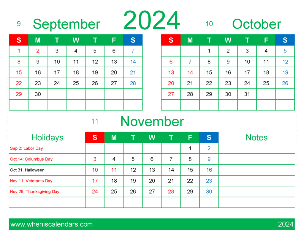 Download 2024 September October November Calendar free SON409