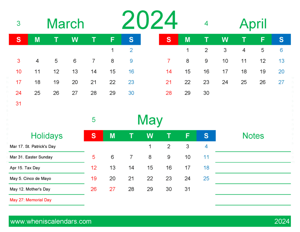 Download calendar 2024 March April May MAM411