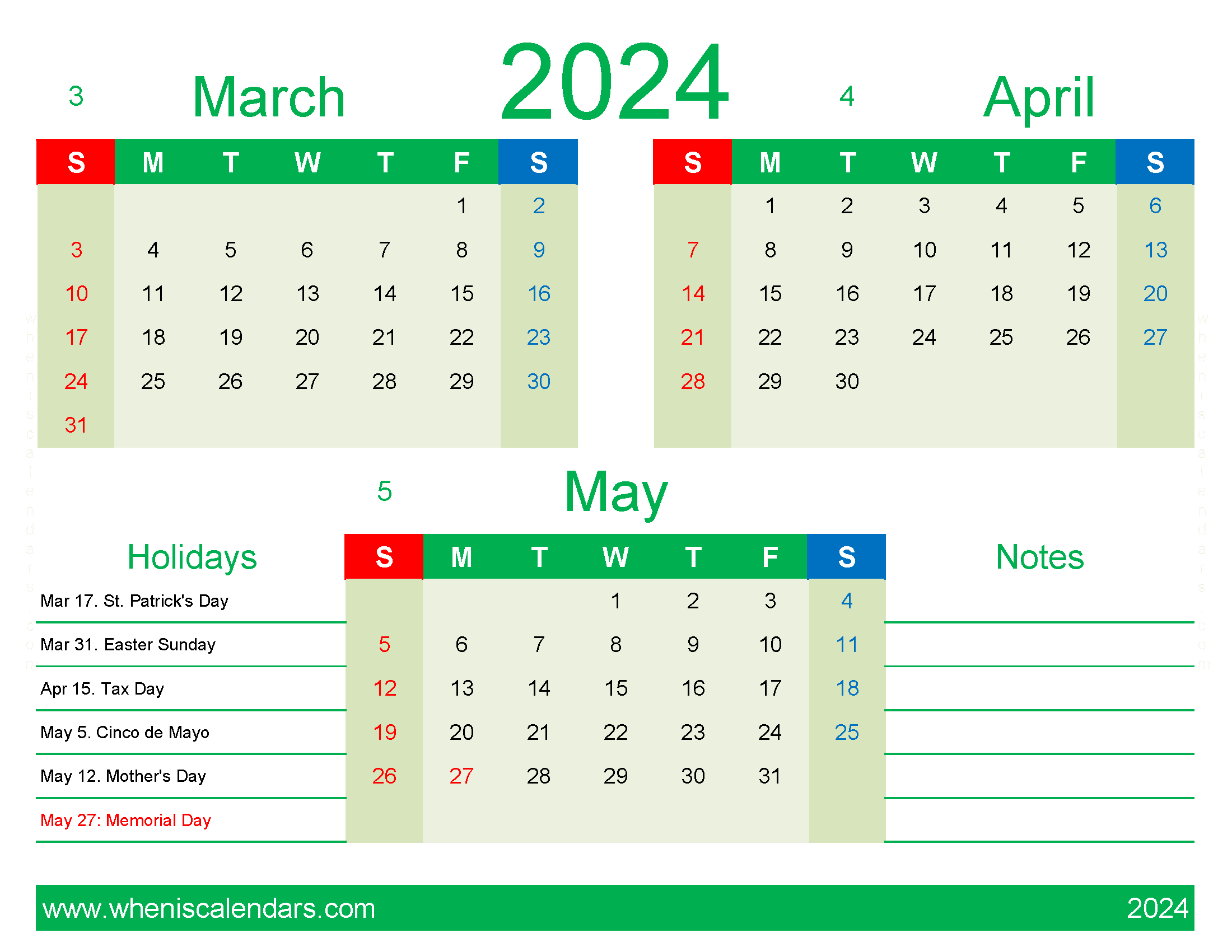 Download calendar March April May 2024 MAM412