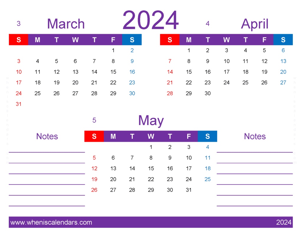 Download Mar Apr May 2024 calendar printable MAM435