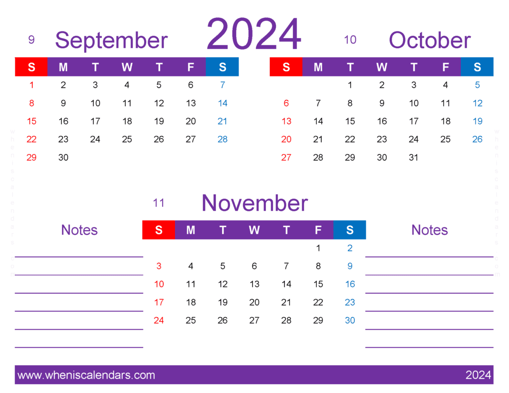 Download Sept Oct Nov 2024 Calendar printable SON435