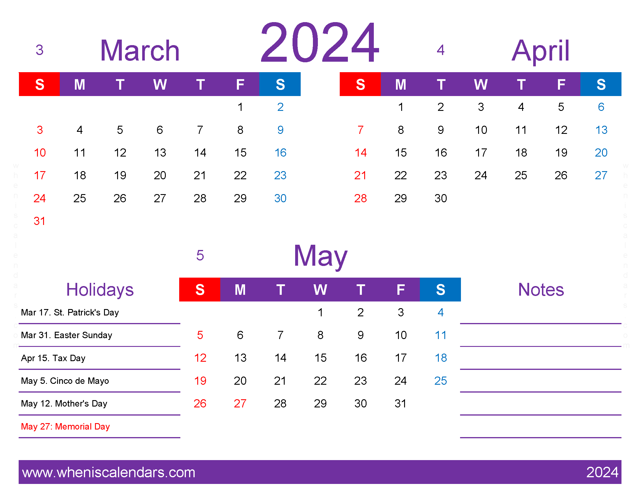 Download March through May 2024 calendar MAM415