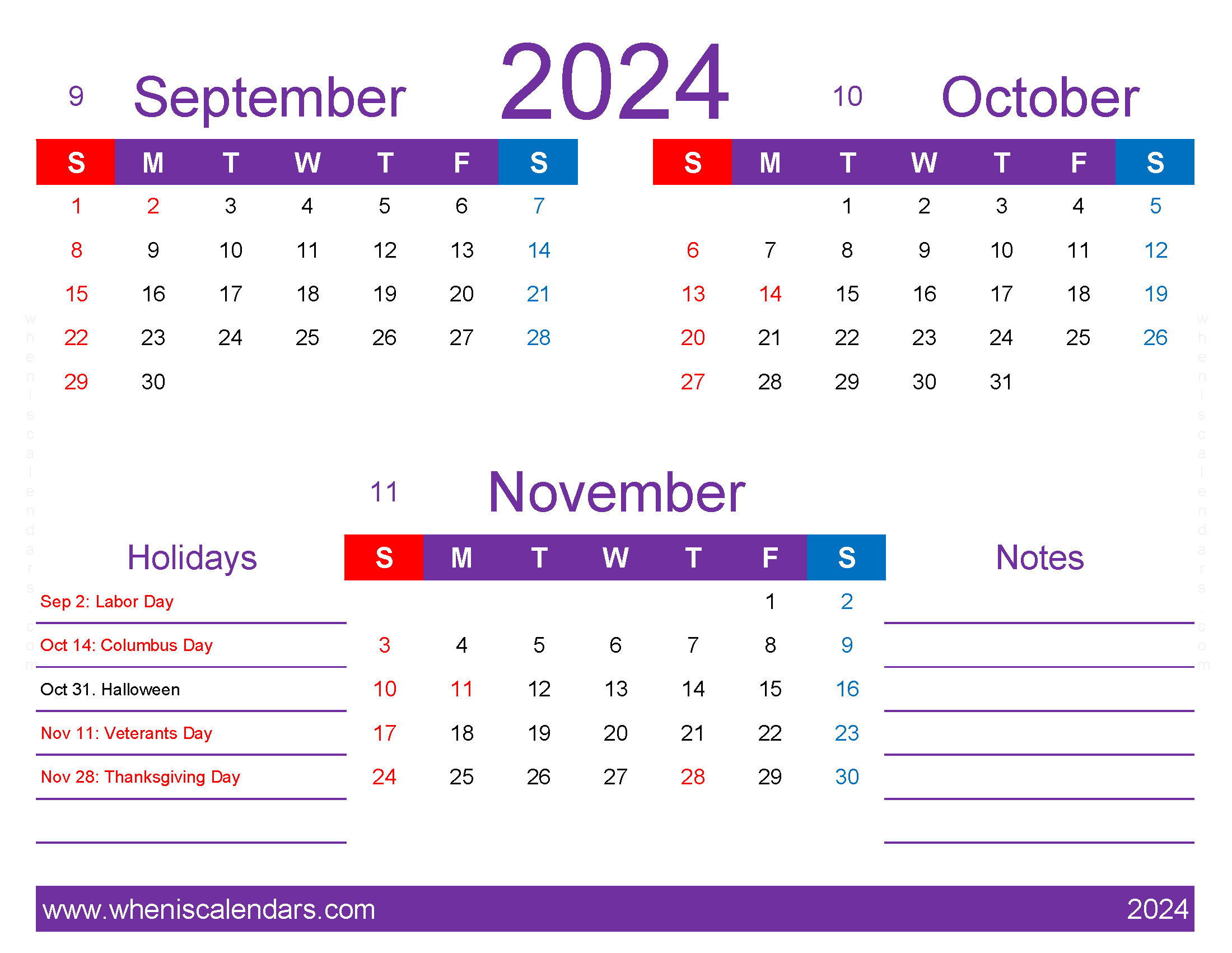 Download September through November 2024 Calendar SON415