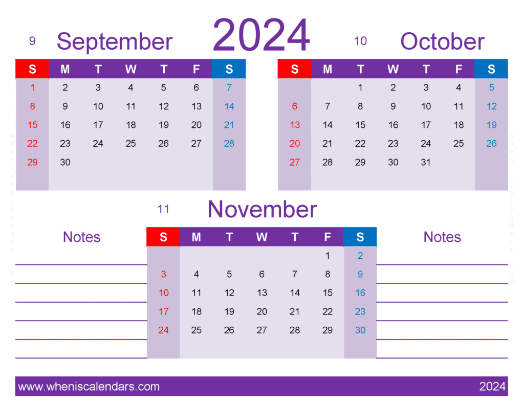Download Calendar September to November 2024 free SON436