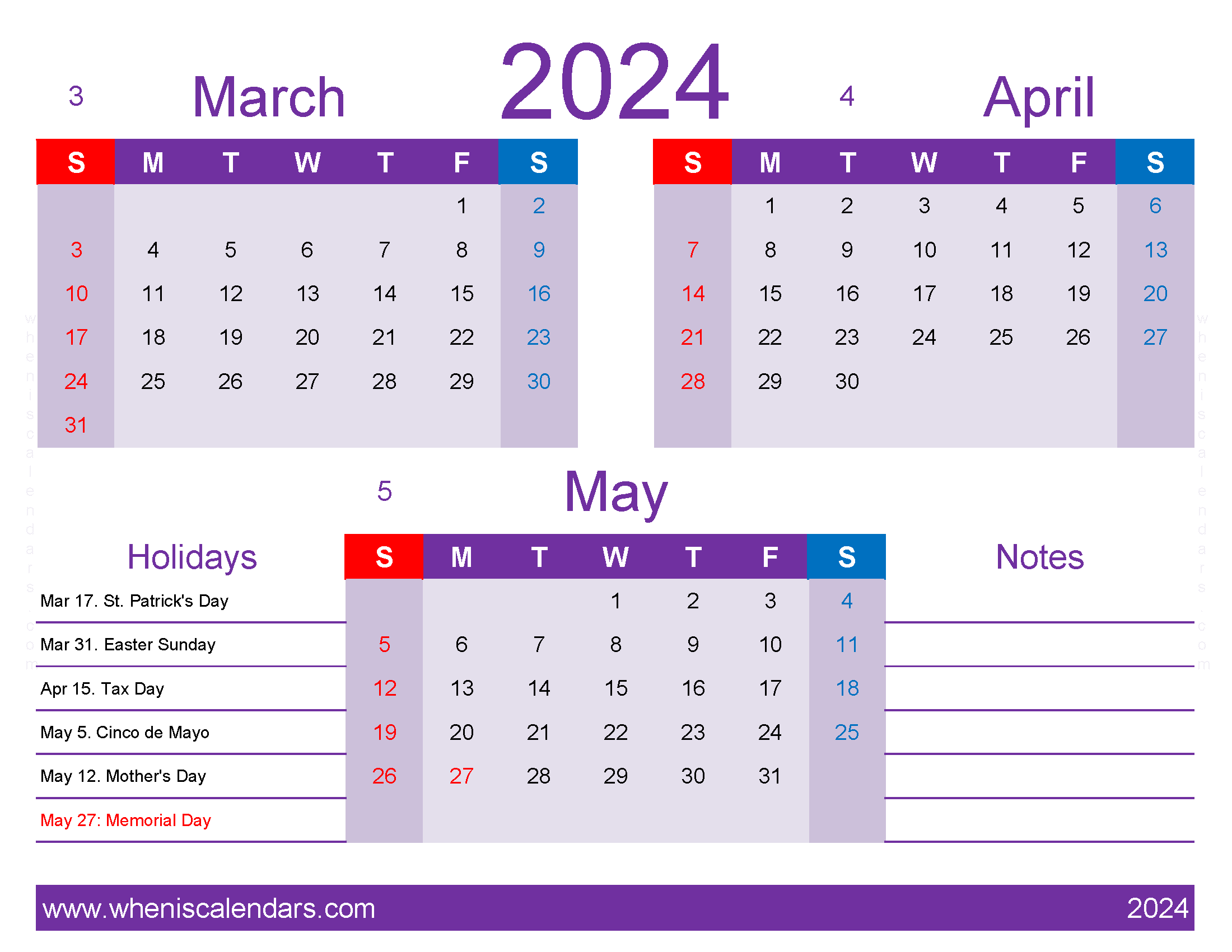 Download free printable calendar March April May 2024 MAM416