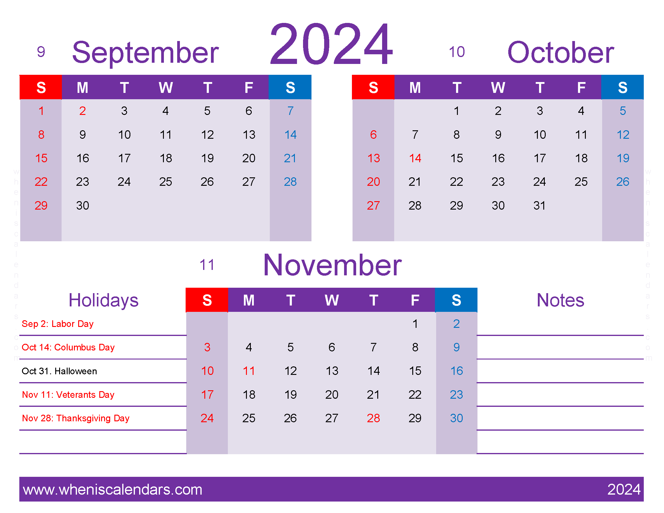 Download free printable Calendar September October November 2024 SON416