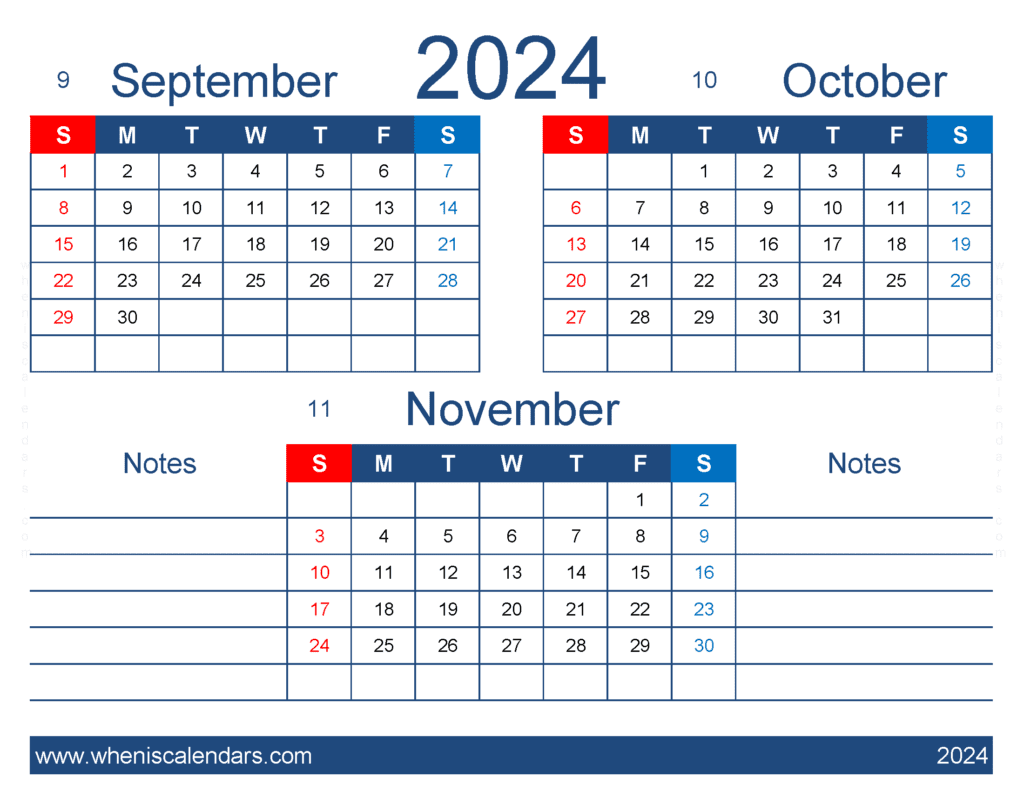 Download September October and November 2024 Calendar free SON437