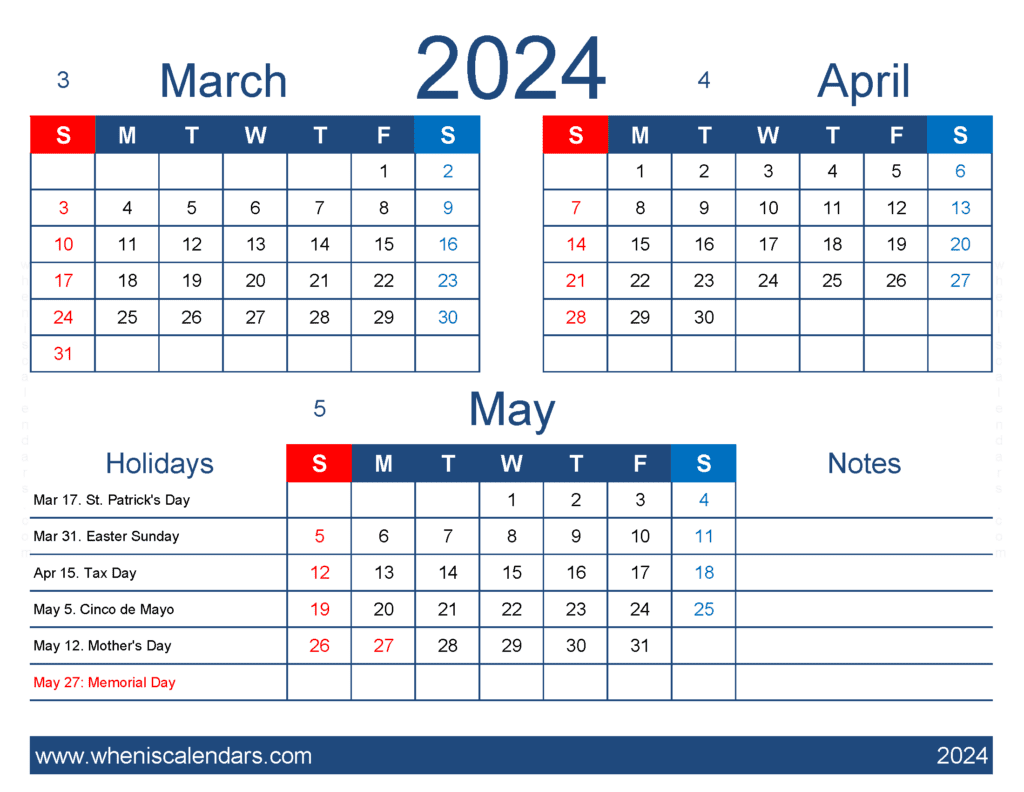 Download printable calendar March April May 2024 MAM417