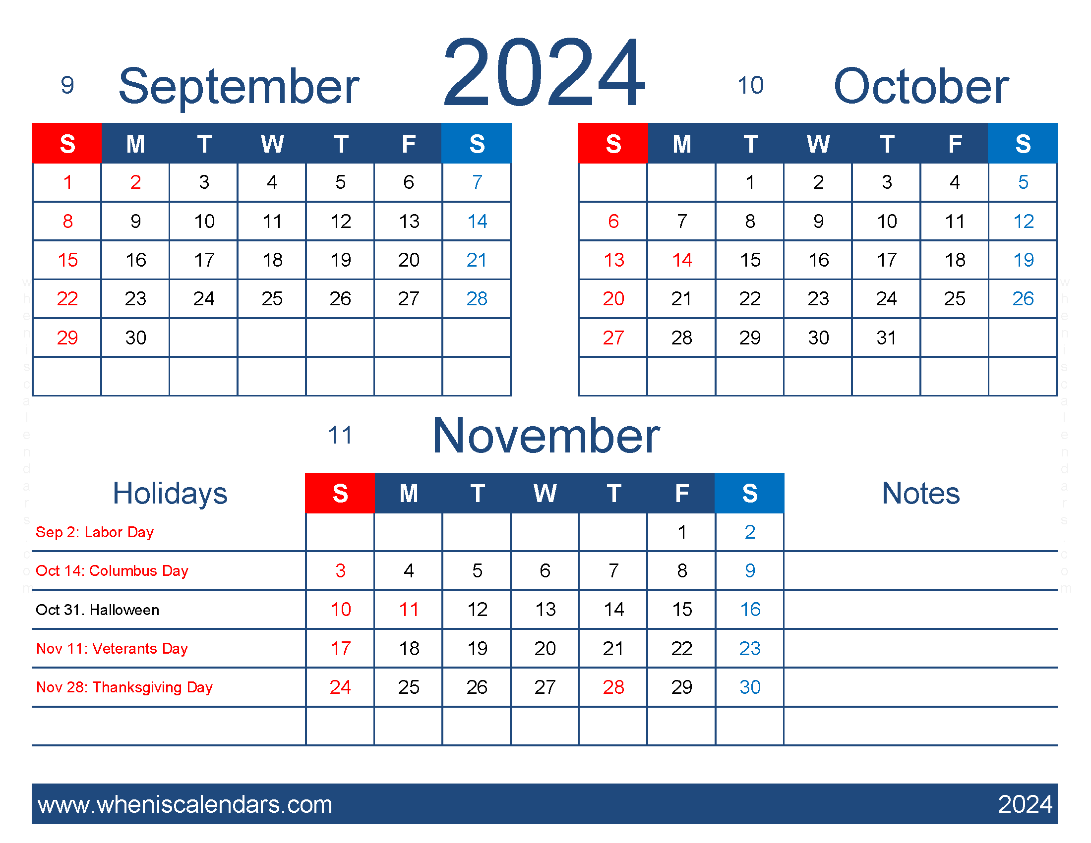 Download printable Calendar September October November 2024 SON417