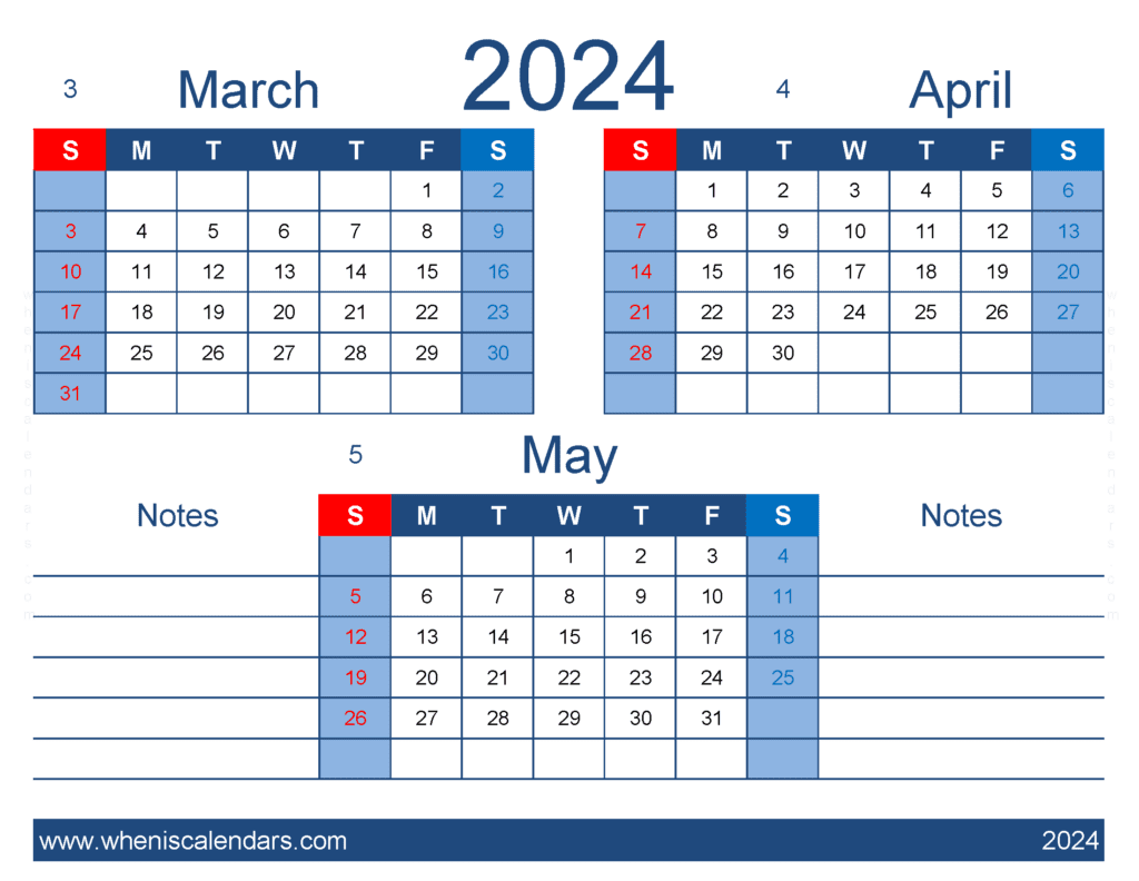 Download printable calendar March April May 2024 MAM438
