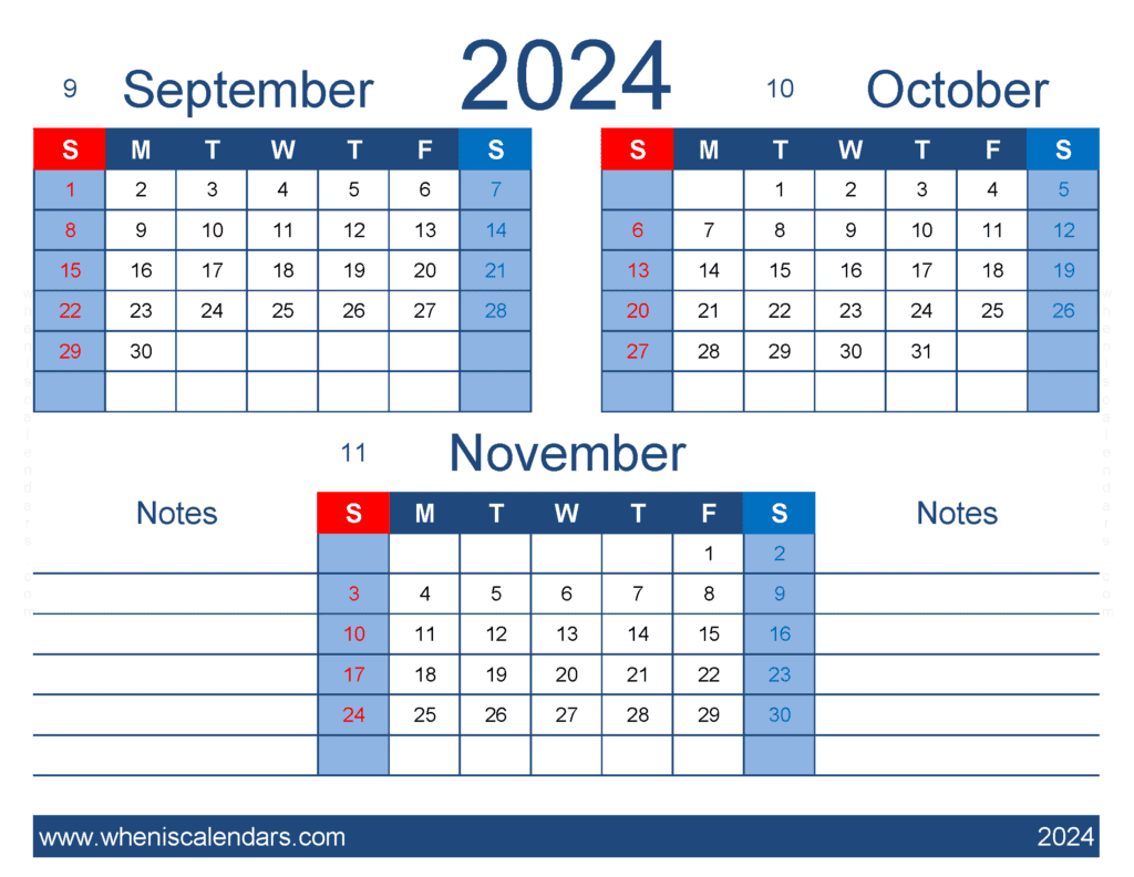 Download printable Calendar September October November 2024 SON438