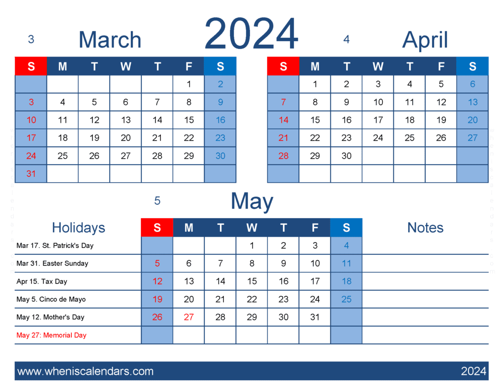 Download calendar for March April and May 2024 MAM418