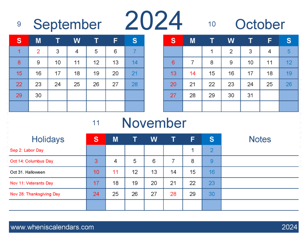 Download Calendar for September October and November 2024 SON418