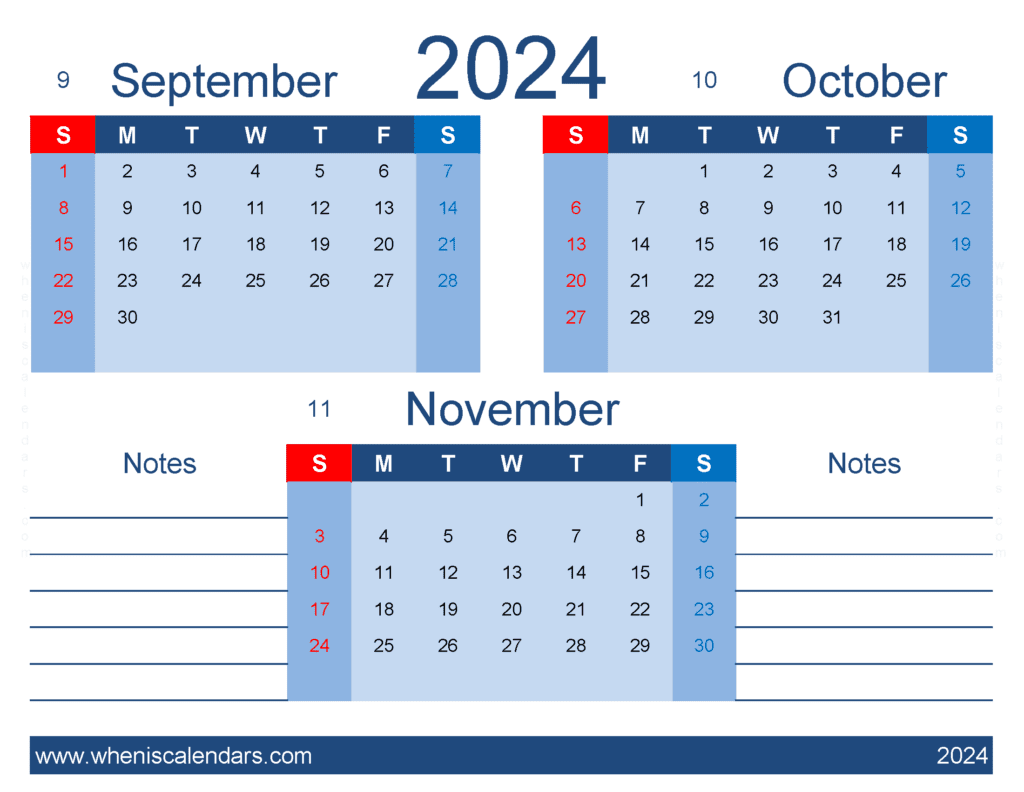 Download free September October November 2024 Calendar SON440