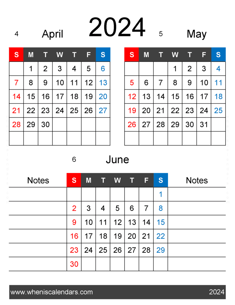 Download 3 month Calendar April May June 2024 AMJ461