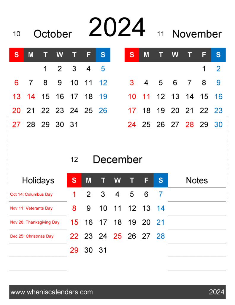 Download October November December 2024 calendar OND443