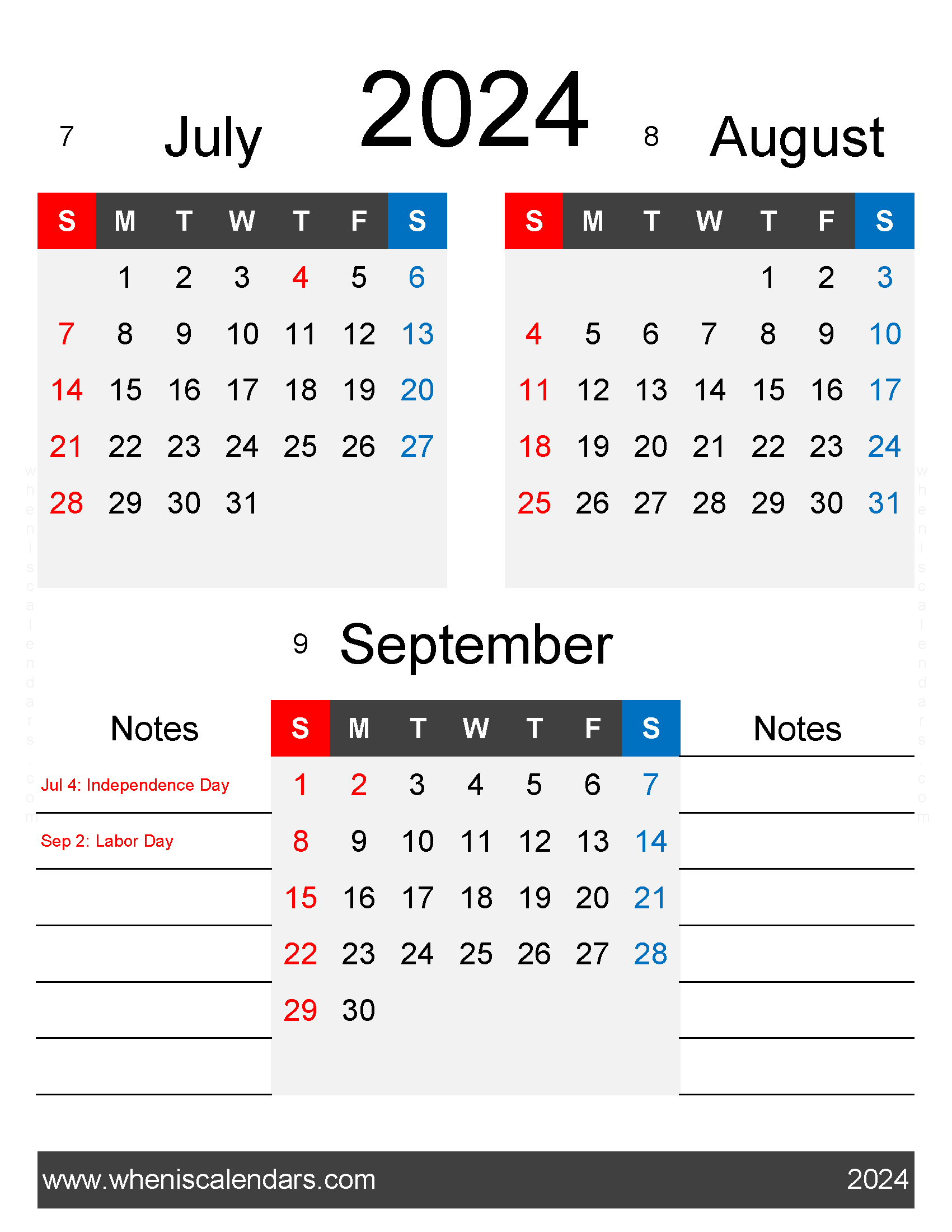 Download July August and September 2024 calendar JAS444