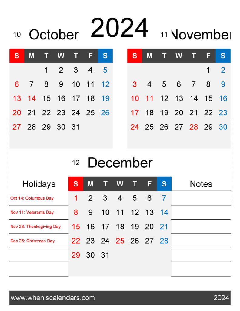 Download October November and December 2024 calendar OND444