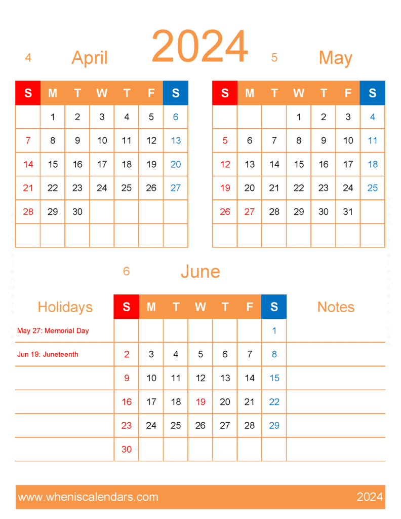 Download 2024 April May June Calendar AMJ445