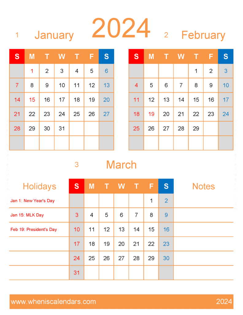 Download January to March 2024 calendar JFM446