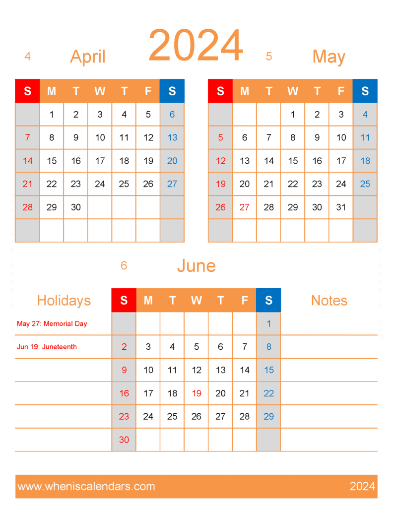 Download April to June 2024 Calendar AMJ446