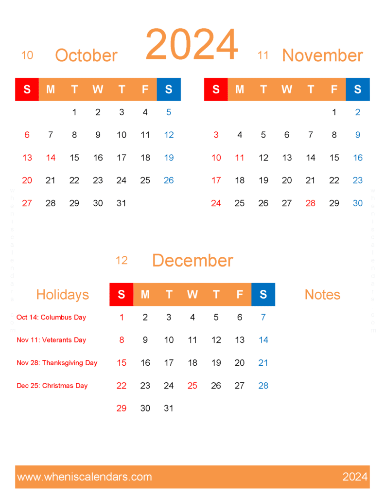 Download October November December Calendar 2024 OND448